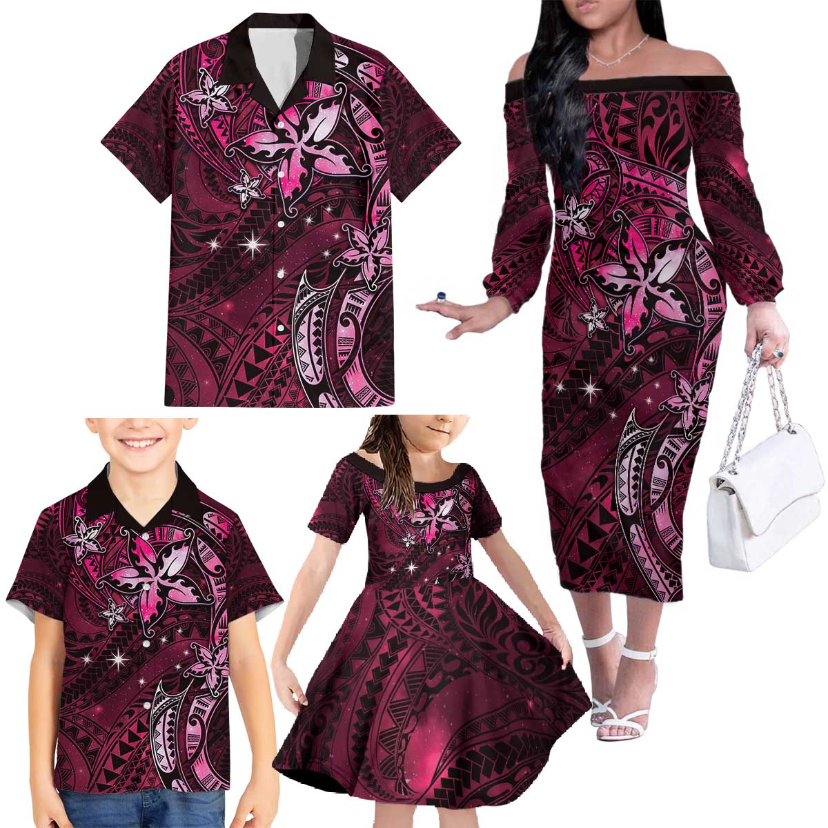 Hawaii Makahiki Season Family Matching Off The Shoulder Long Sleeve Dress and Hawaiian Shirt Floral Tribal Tattoo Pink Galaxy LT05 - Polynesian Pride
