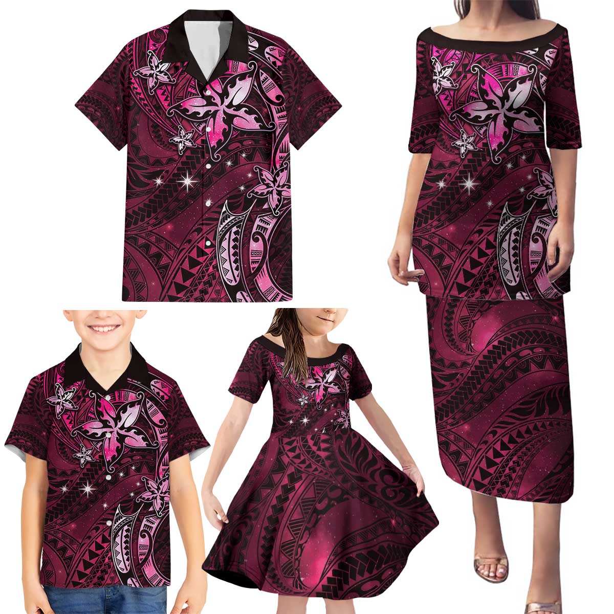 Hawaii Makahiki Season Family Matching Puletasi and Hawaiian Shirt Floral Tribal Tattoo Pink Galaxy