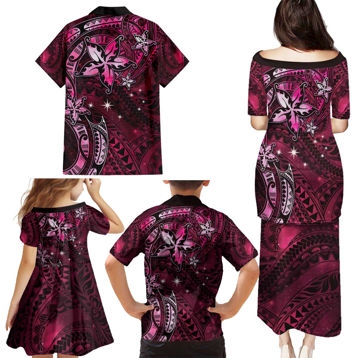 Hawaii Makahiki Season Family Matching Puletasi and Hawaiian Shirt Floral Tribal Tattoo Pink Galaxy