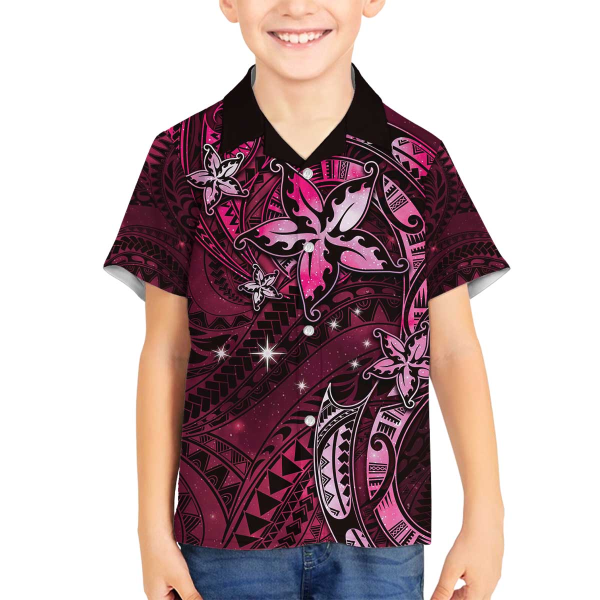 Hawaii Makahiki Season Family Matching Puletasi and Hawaiian Shirt Floral Tribal Tattoo Pink Galaxy