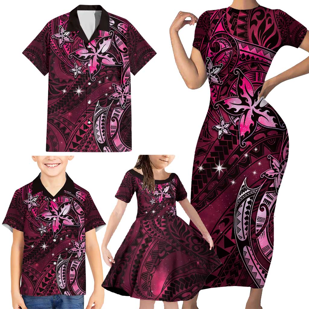 Hawaii Makahiki Season Family Matching Short Sleeve Bodycon Dress and Hawaiian Shirt Floral Tribal Tattoo Pink Galaxy LT05 - Polynesian Pride