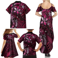 Hawaii Makahiki Season Family Matching Summer Maxi Dress and Hawaiian Shirt Floral Tribal Tattoo Pink Galaxy