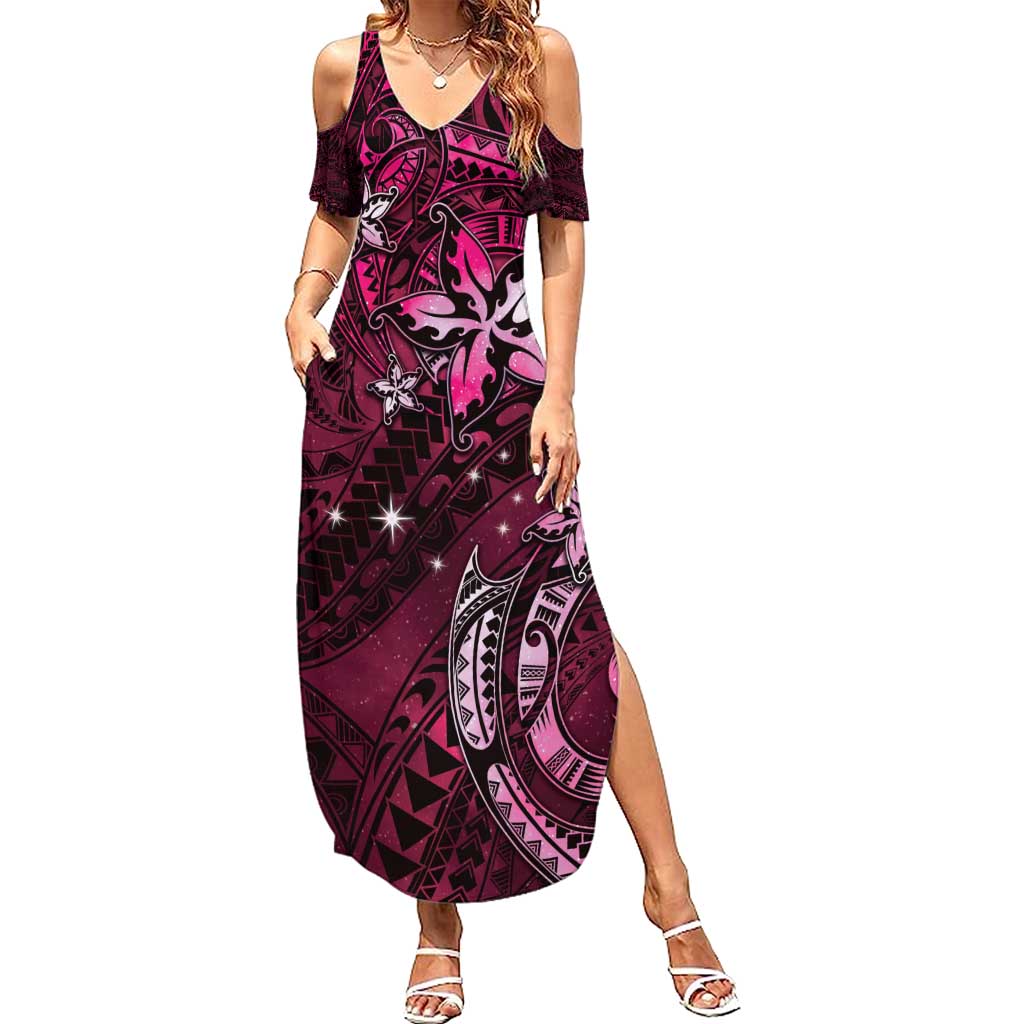 Hawaii Makahiki Season Family Matching Summer Maxi Dress and Hawaiian Shirt Floral Tribal Tattoo Pink Galaxy
