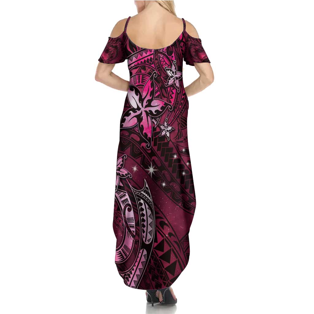 Hawaii Makahiki Season Family Matching Summer Maxi Dress and Hawaiian Shirt Floral Tribal Tattoo Pink Galaxy