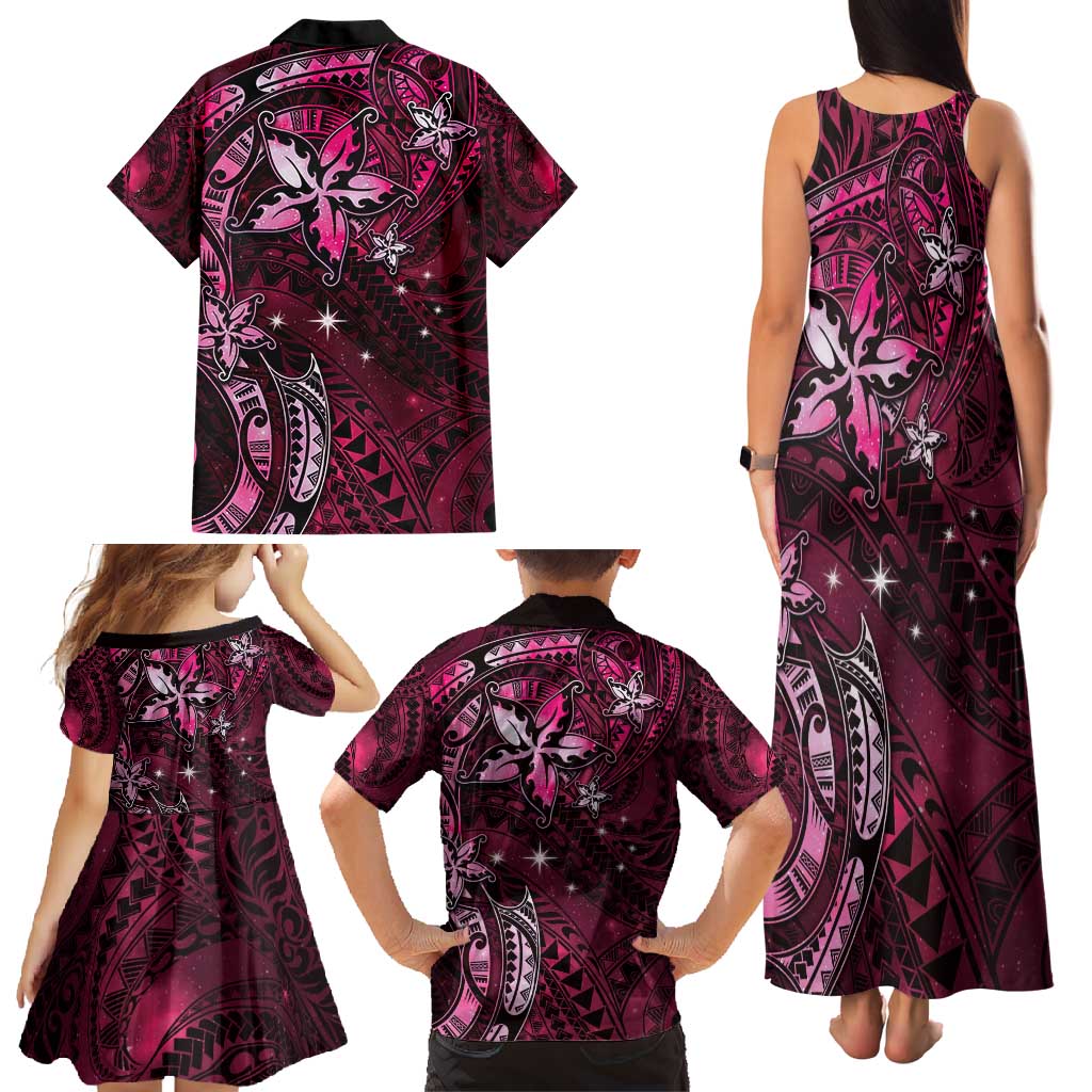 Hawaii Makahiki Season Family Matching Tank Maxi Dress and Hawaiian Shirt Floral Tribal Tattoo Pink Galaxy