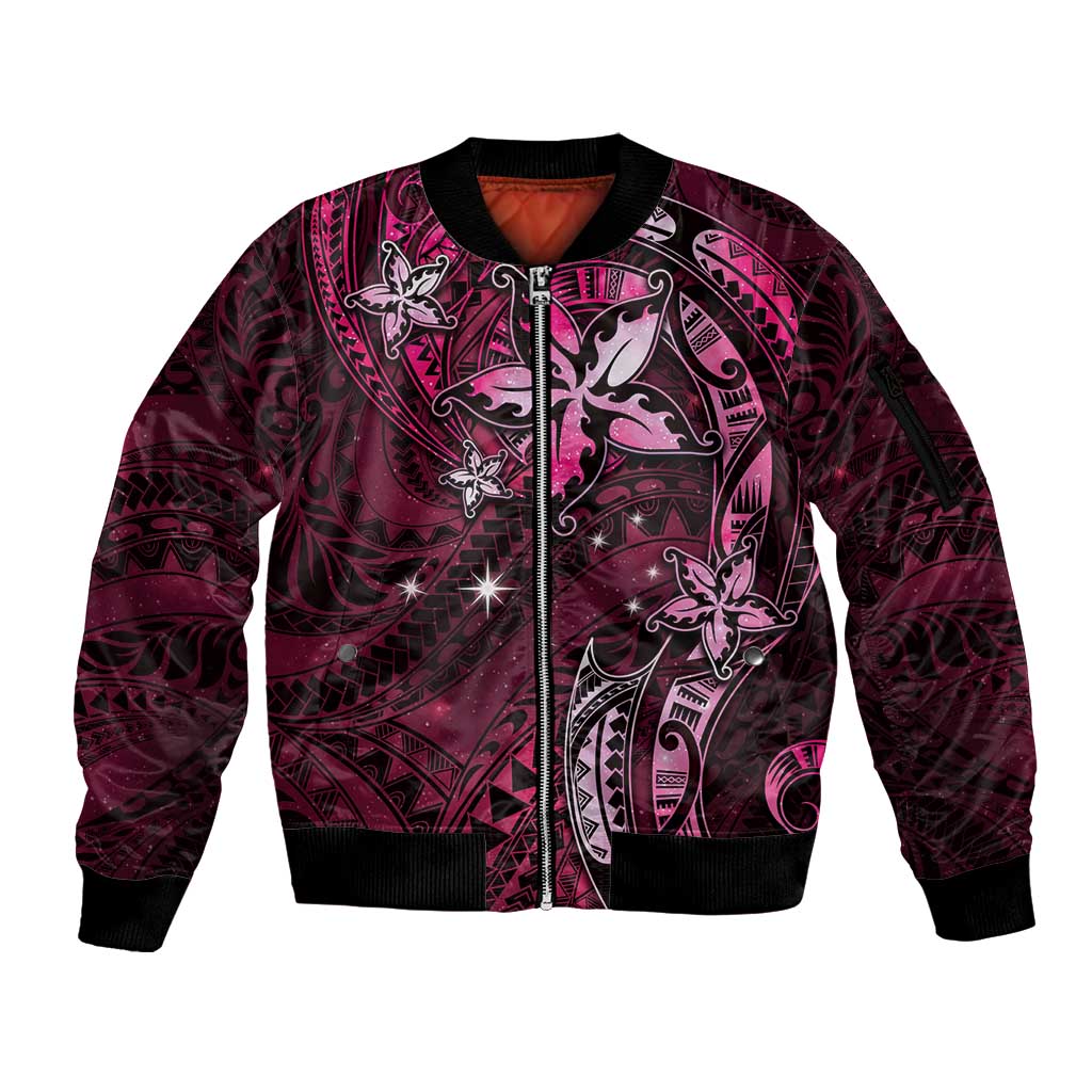 Hawaii Makahiki Season Sleeve Zip Bomber Jacket Floral Tribal Tattoo Pink Galaxy LT05 Unisex Pink - Polynesian Pride