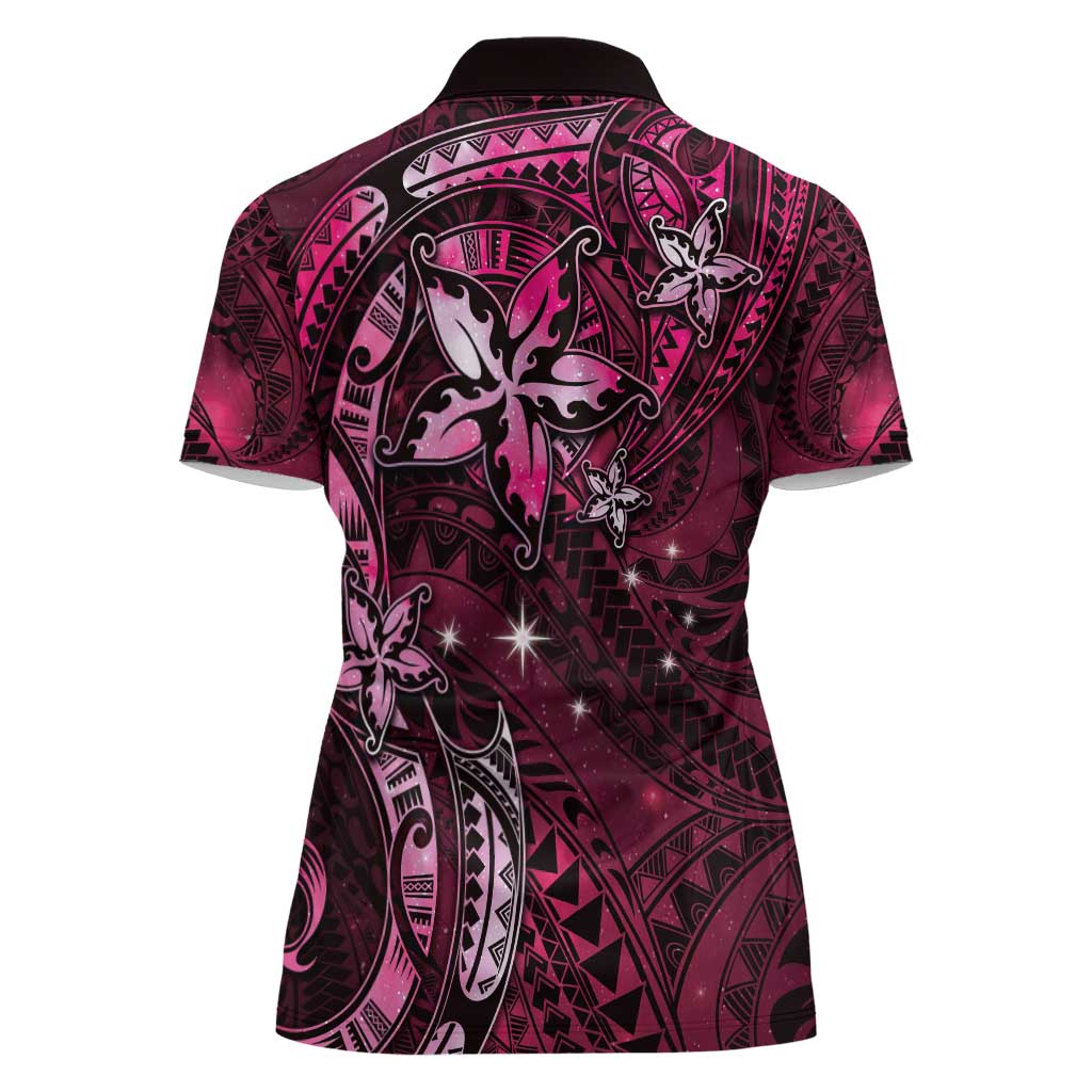 Hawaii Makahiki Season Women Polo Shirt Floral Tribal Tattoo Pink Galaxy