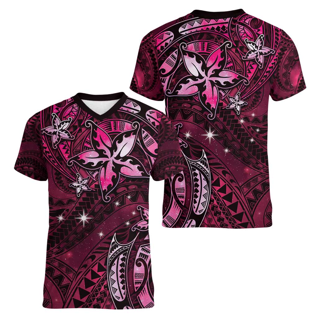 Hawaii Makahiki Season Women V-Neck T-Shirt Floral Tribal Tattoo Pink Galaxy
