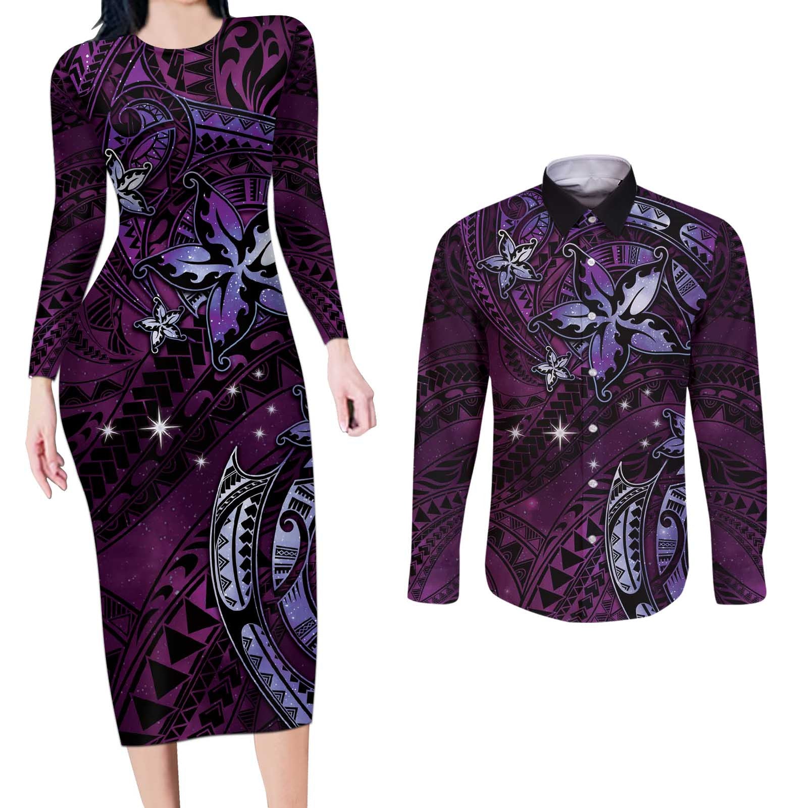 Hawaii Makahiki Season Couples Matching Long Sleeve Bodycon Dress and Long Sleeve Button Shirt Floral Tribal Tattoo Purple Galaxy LT05 Purple - Polynesian Pride