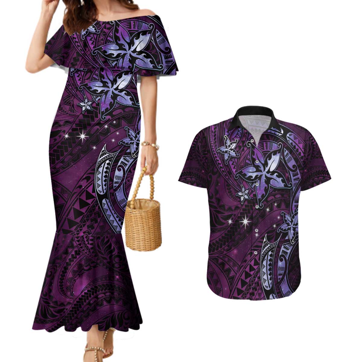 Hawaii Makahiki Season Couples Matching Mermaid Dress and Hawaiian Shirt Floral Tribal Tattoo Purple Galaxy LT05 Purple - Polynesian Pride