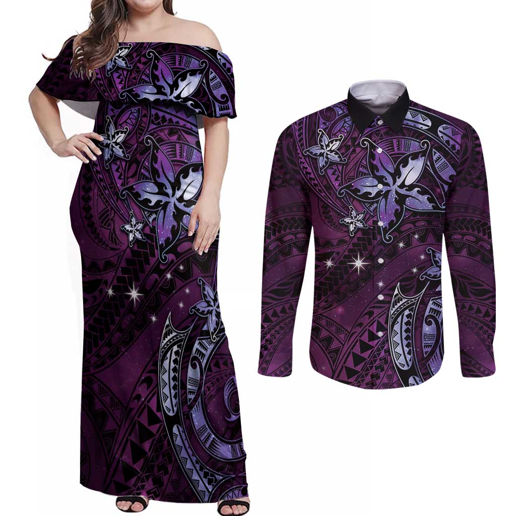 Hawaii Makahiki Season Couples Matching Off Shoulder Maxi Dress and Long Sleeve Button Shirt Floral Tribal Tattoo Purple Galaxy LT05 Purple - Polynesian Pride