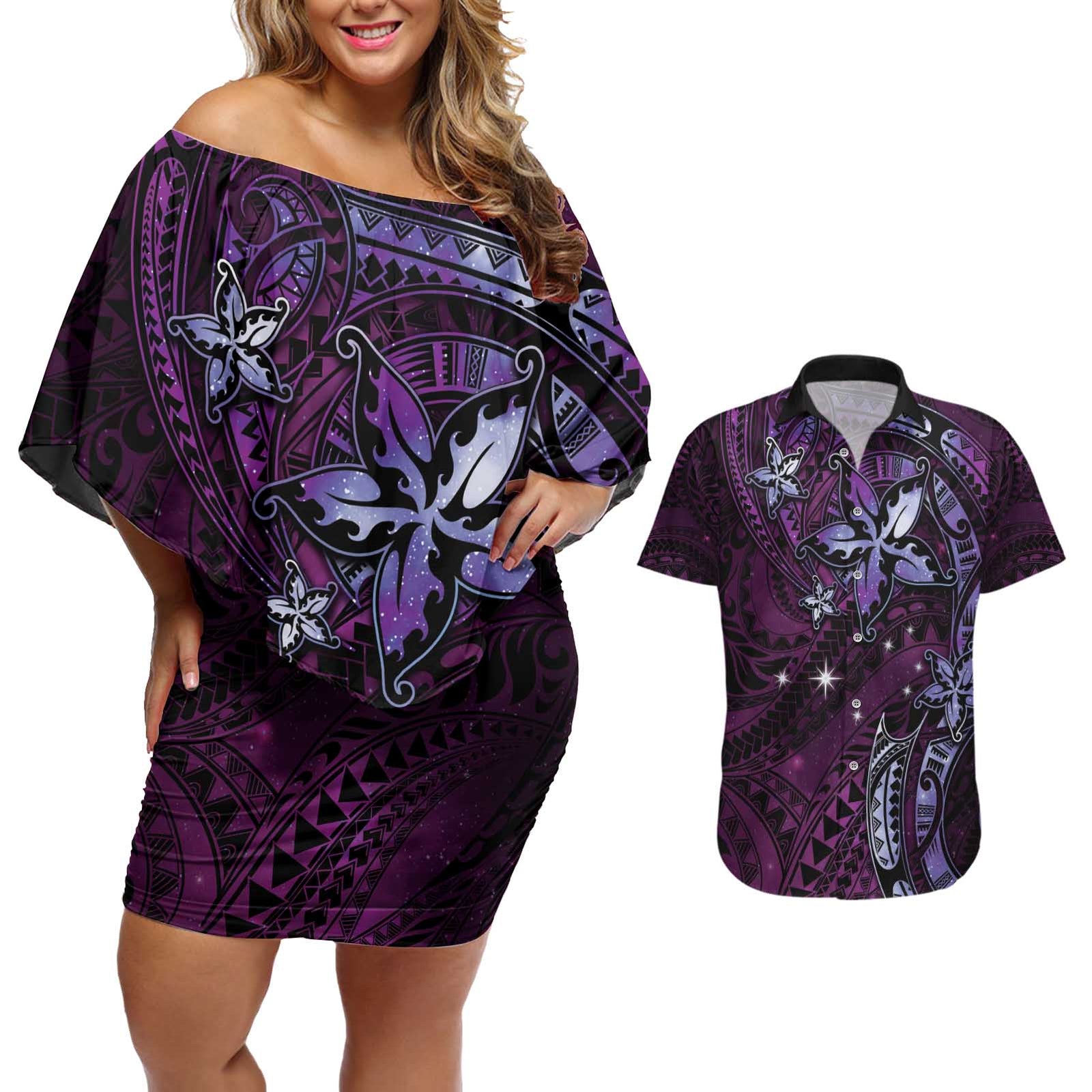 Hawaii Makahiki Season Couples Matching Off Shoulder Short Dress and Hawaiian Shirt Floral Tribal Tattoo Purple Galaxy LT05 Purple - Polynesian Pride