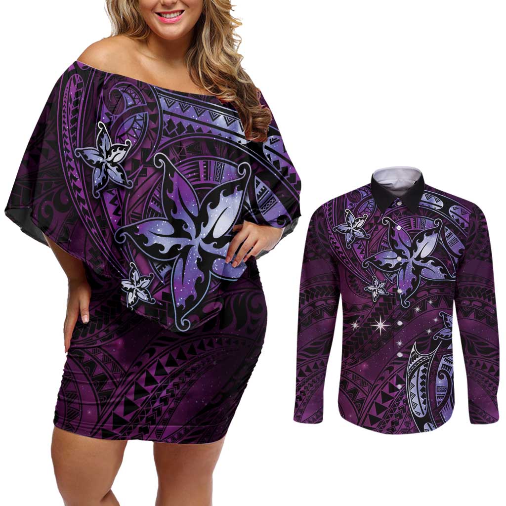 Hawaii Makahiki Season Couples Matching Off Shoulder Short Dress and Long Sleeve Button Shirt Floral Tribal Tattoo Purple Galaxy LT05 Purple - Polynesian Pride