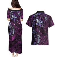 Hawaii Makahiki Season Couples Matching Puletasi and Hawaiian Shirt Floral Tribal Tattoo Purple Galaxy