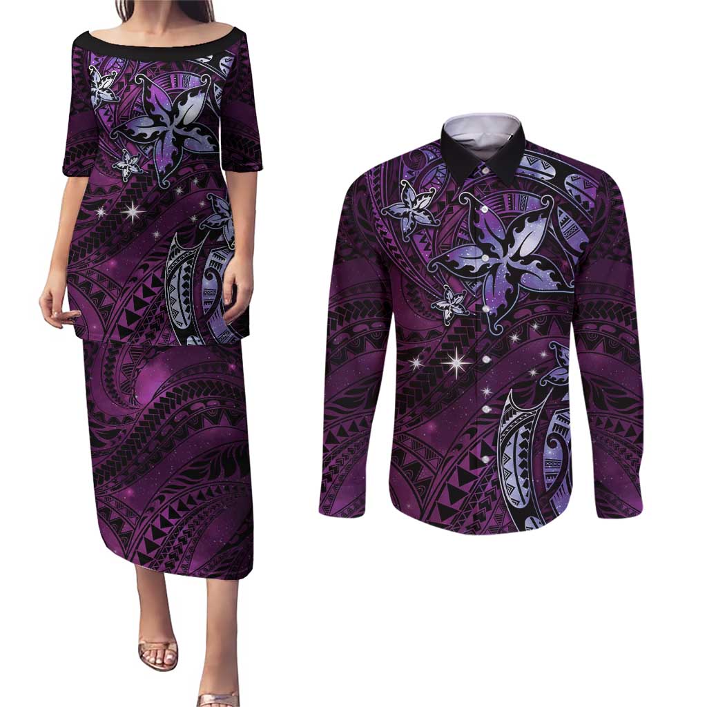 Hawaii Makahiki Season Couples Matching Puletasi and Long Sleeve Button Shirt Floral Tribal Tattoo Purple Galaxy