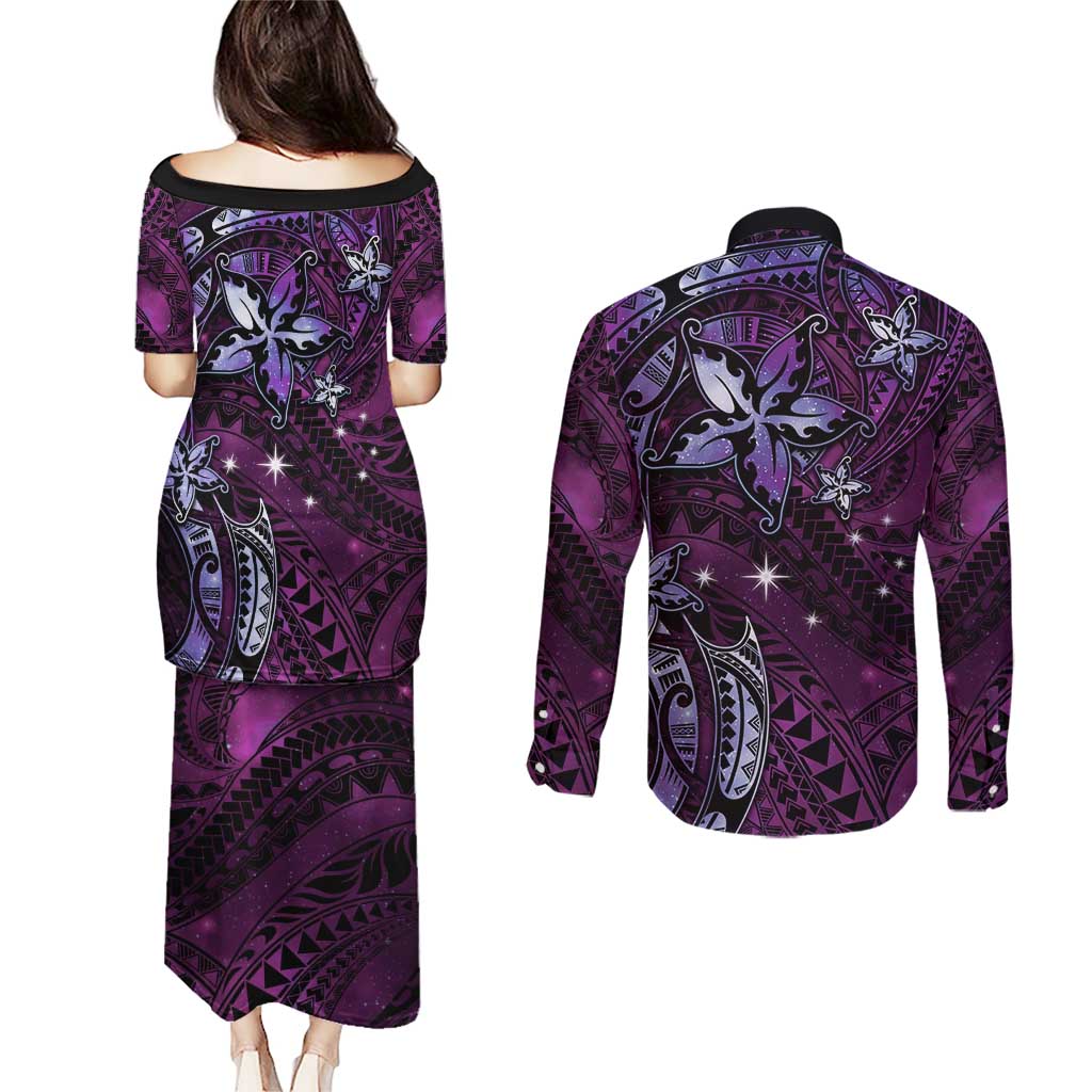 Hawaii Makahiki Season Couples Matching Puletasi and Long Sleeve Button Shirt Floral Tribal Tattoo Purple Galaxy