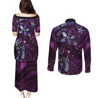 Hawaii Makahiki Season Couples Matching Puletasi and Long Sleeve Button Shirt Floral Tribal Tattoo Purple Galaxy