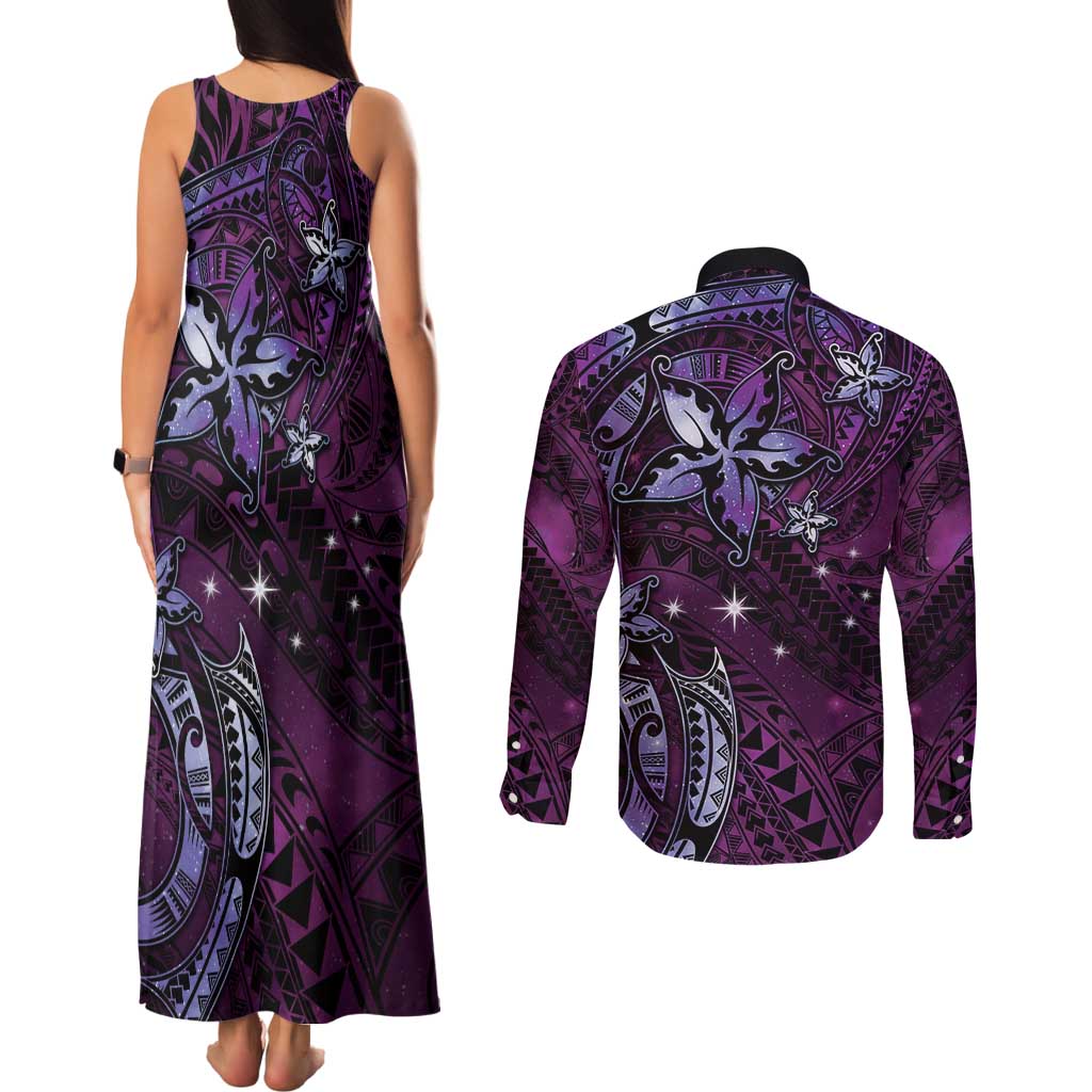 Hawaii Makahiki Season Couples Matching Tank Maxi Dress and Long Sleeve Button Shirt Floral Tribal Tattoo Purple Galaxy