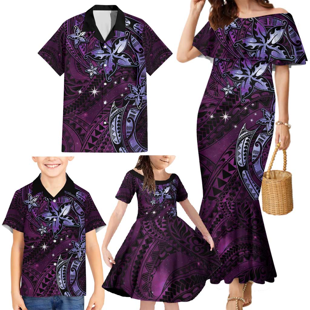 Hawaii Makahiki Season Family Matching Mermaid Dress and Hawaiian Shirt Floral Tribal Tattoo Purple Galaxy LT05 - Polynesian Pride