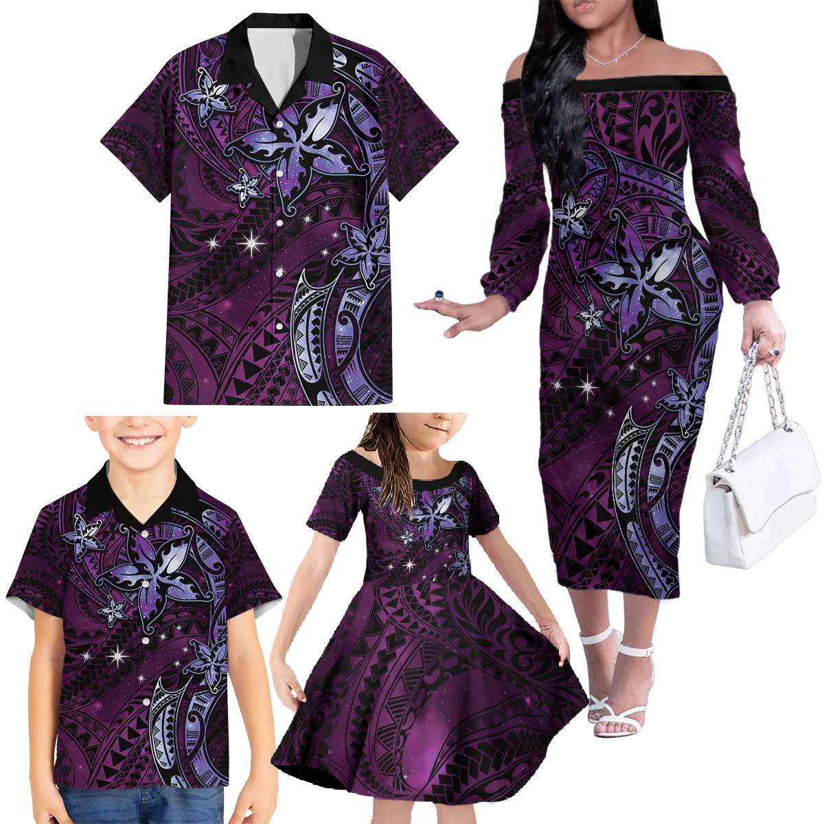 Hawaii Makahiki Season Family Matching Off The Shoulder Long Sleeve Dress and Hawaiian Shirt Floral Tribal Tattoo Purple Galaxy LT05 - Polynesian Pride