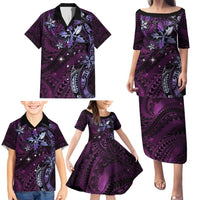 Hawaii Makahiki Season Family Matching Puletasi and Hawaiian Shirt Floral Tribal Tattoo Purple Galaxy