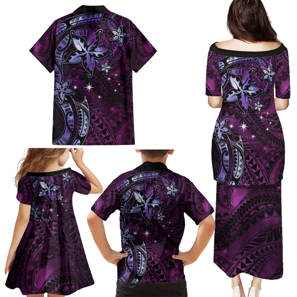 Hawaii Makahiki Season Family Matching Puletasi and Hawaiian Shirt Floral Tribal Tattoo Purple Galaxy