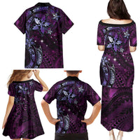 Hawaii Makahiki Season Family Matching Puletasi and Hawaiian Shirt Floral Tribal Tattoo Purple Galaxy