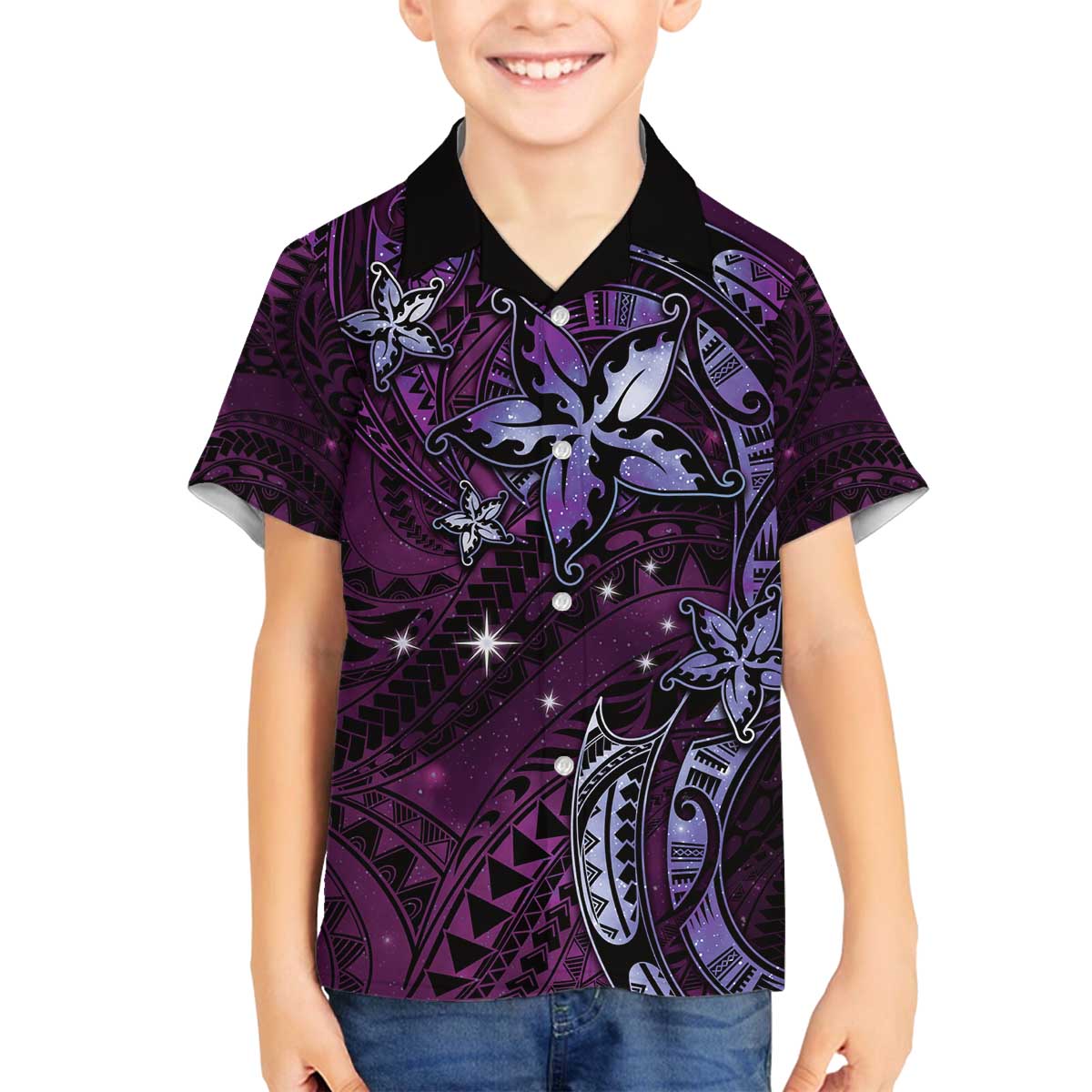 Hawaii Makahiki Season Family Matching Puletasi and Hawaiian Shirt Floral Tribal Tattoo Purple Galaxy