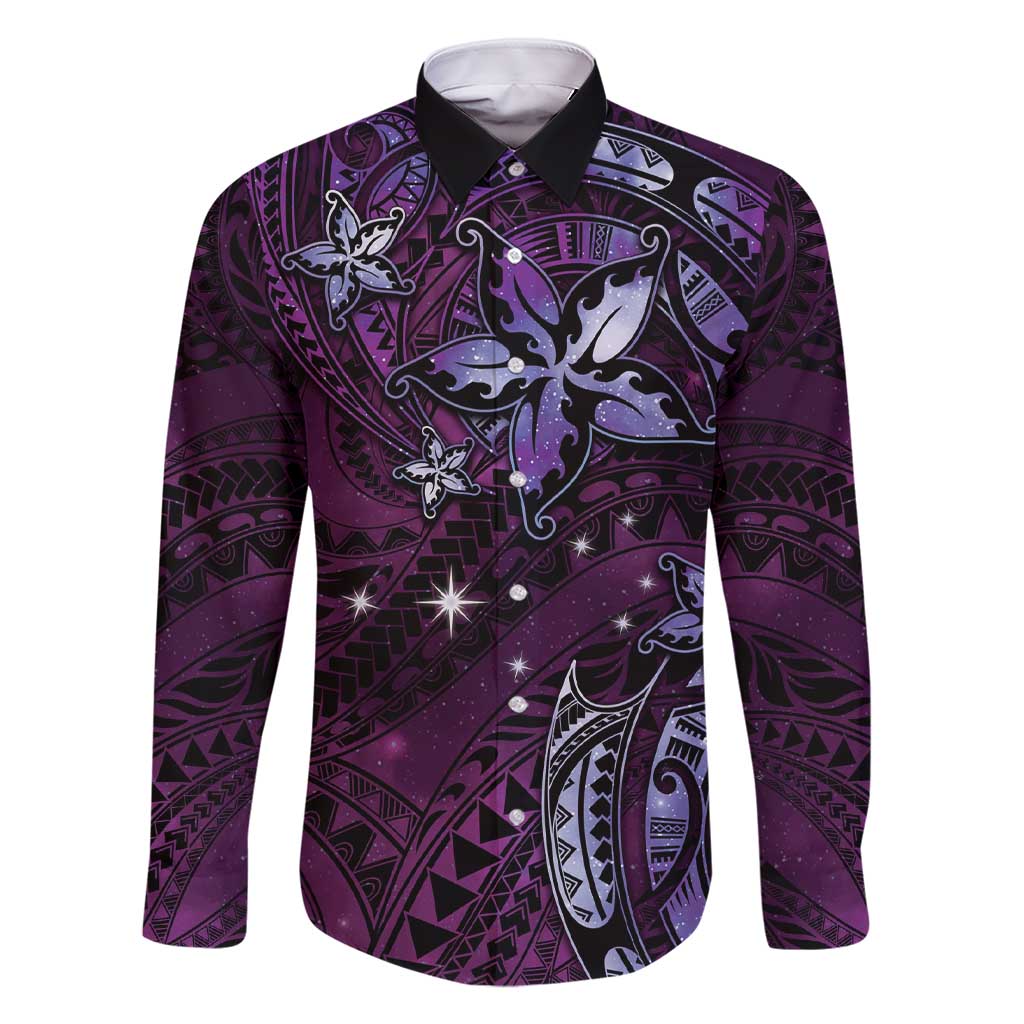 Hawaii Makahiki Season Family Matching Short Sleeve Bodycon Dress and Hawaiian Shirt Floral Tribal Tattoo Purple Galaxy LT05 Dad's Shirt - Long Sleeve Purple - Polynesian Pride