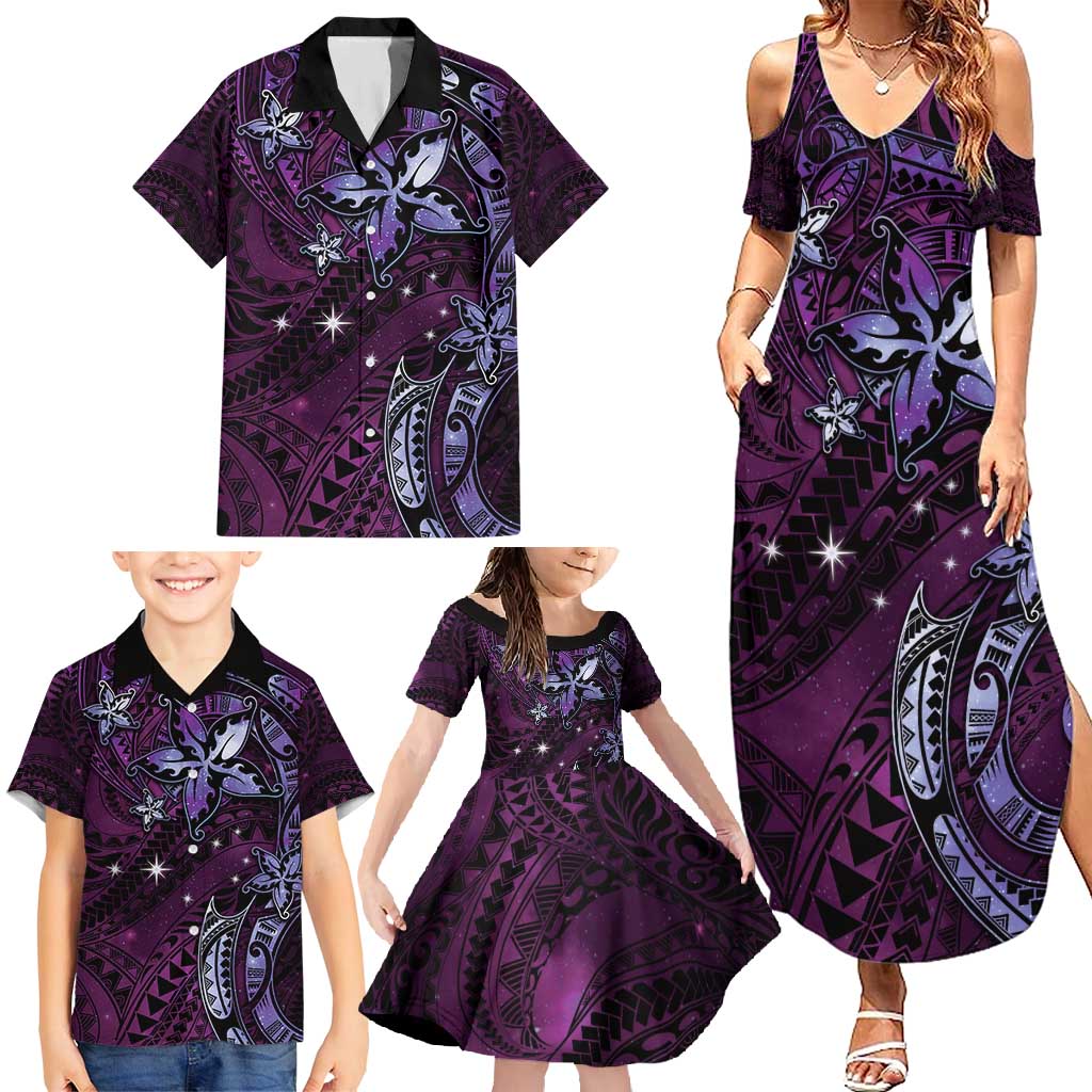 Hawaii Makahiki Season Family Matching Summer Maxi Dress and Hawaiian Shirt Floral Tribal Tattoo Purple Galaxy LT05 - Polynesian Pride