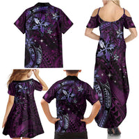 Hawaii Makahiki Season Family Matching Summer Maxi Dress and Hawaiian Shirt Floral Tribal Tattoo Purple Galaxy