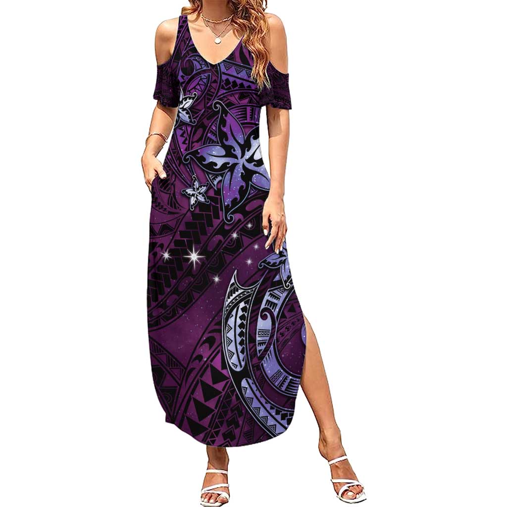 Hawaii Makahiki Season Family Matching Summer Maxi Dress and Hawaiian Shirt Floral Tribal Tattoo Purple Galaxy