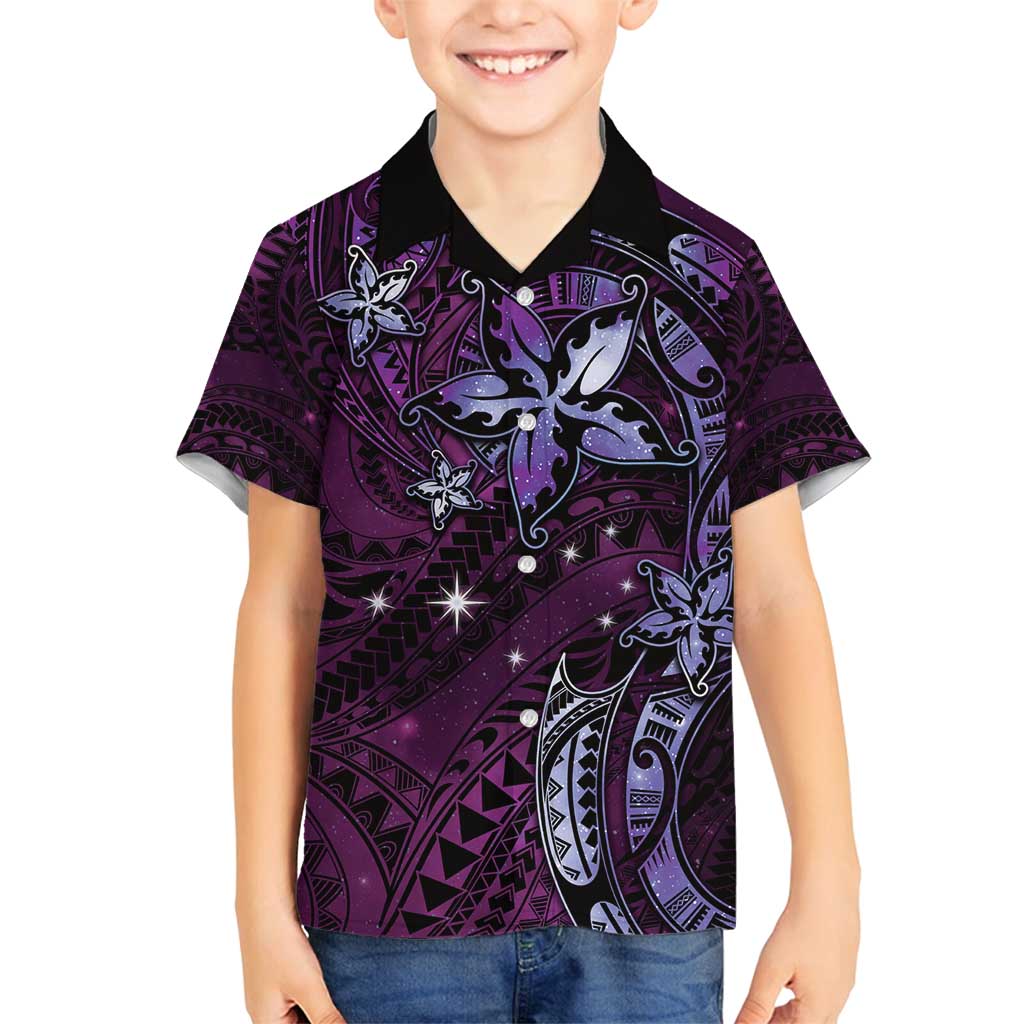 Hawaii Makahiki Season Family Matching Summer Maxi Dress and Hawaiian Shirt Floral Tribal Tattoo Purple Galaxy