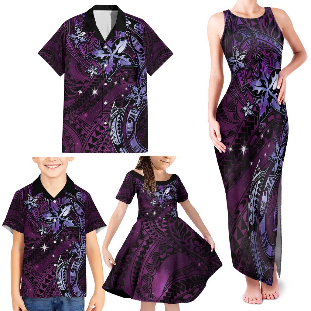 Hawaii Makahiki Season Family Matching Tank Maxi Dress and Hawaiian Shirt Floral Tribal Tattoo Purple Galaxy