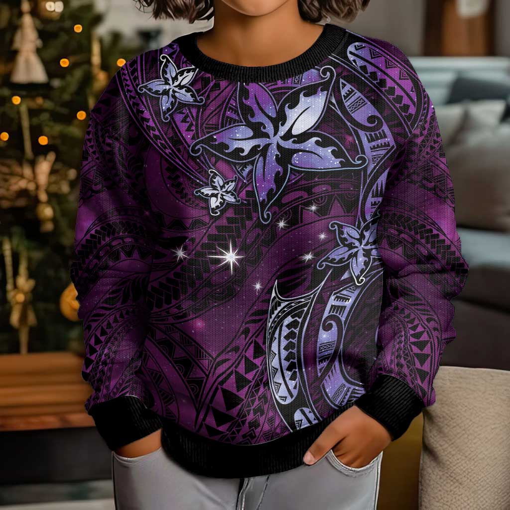 Hawaii Makahiki Season Kid Ugly Christmas Sweater Floral Tribal Tattoo Purple Galaxy