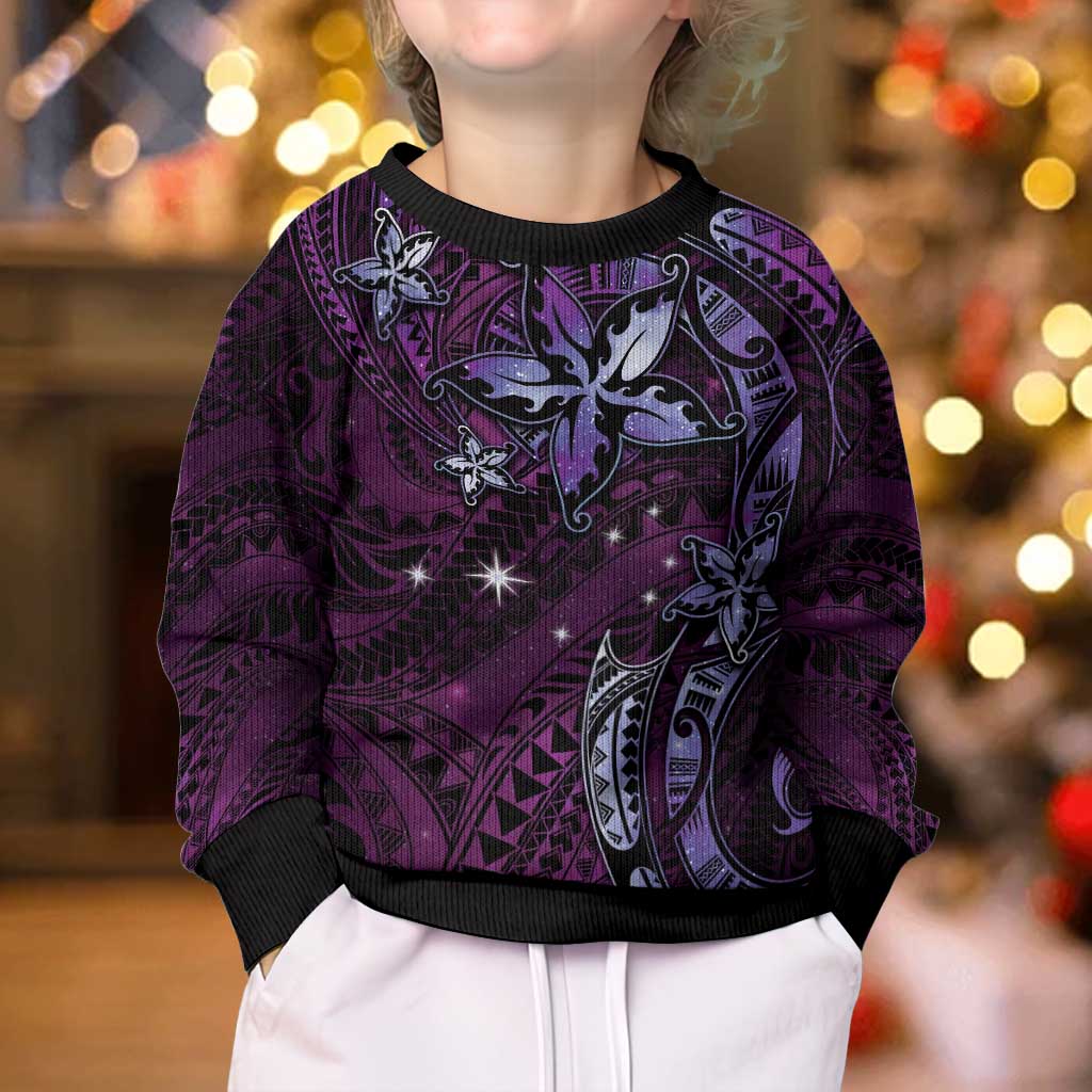 Hawaii Makahiki Season Kid Ugly Christmas Sweater Floral Tribal Tattoo Purple Galaxy