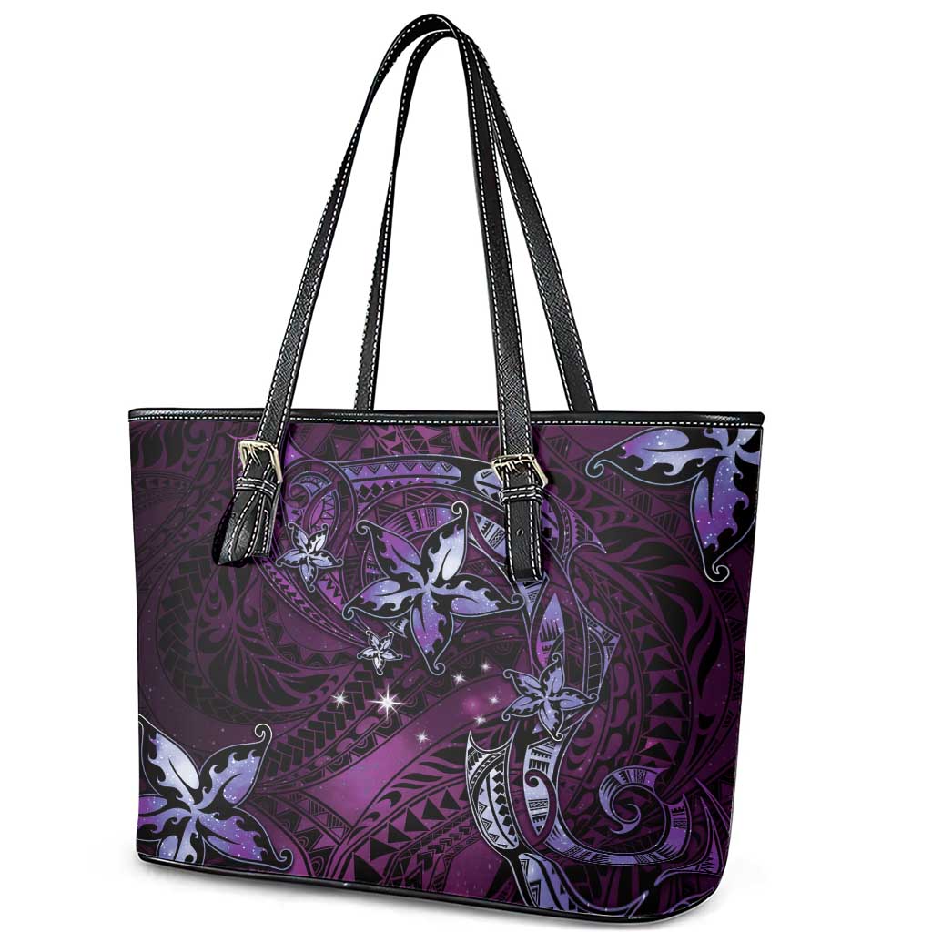 Hawaii Makahiki Season Leather Tote Bag Floral Tribal Tattoo Purple Galaxy