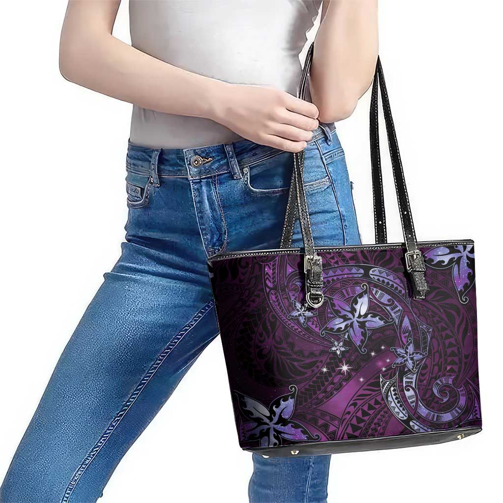 Hawaii Makahiki Season Leather Tote Bag Floral Tribal Tattoo Purple Galaxy