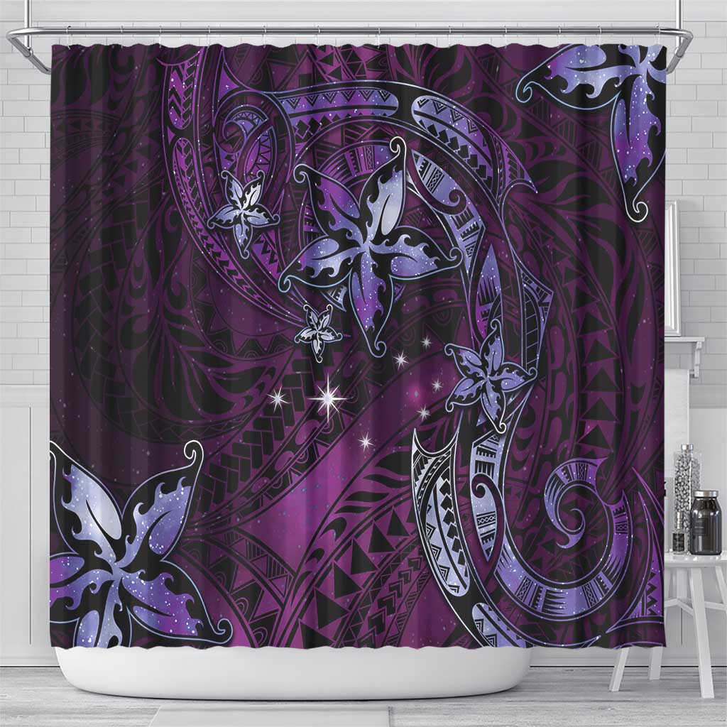 Hawaii Makahiki Season Shower Curtain Floral Tribal Tattoo Purple Galaxy