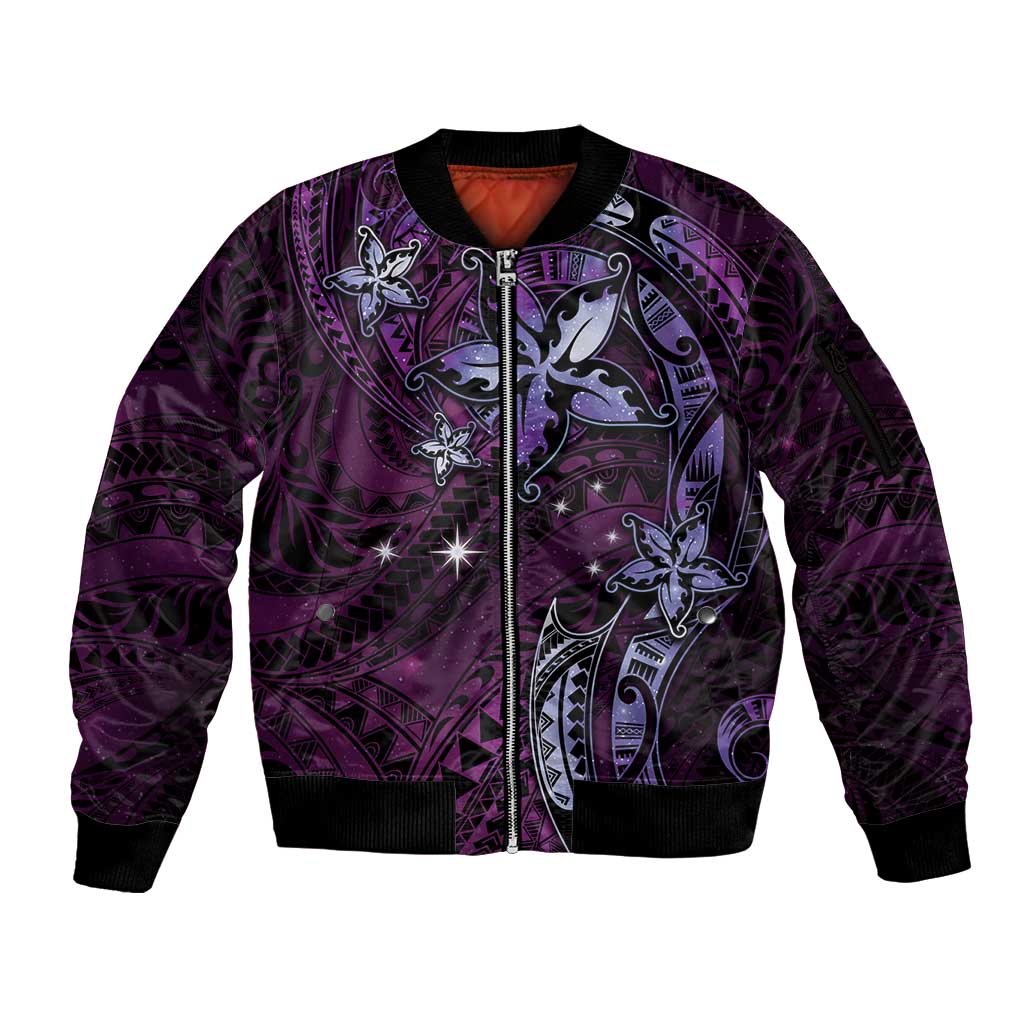 Hawaii Makahiki Season Sleeve Zip Bomber Jacket Floral Tribal Tattoo Purple Galaxy LT05 Unisex Purple - Polynesian Pride