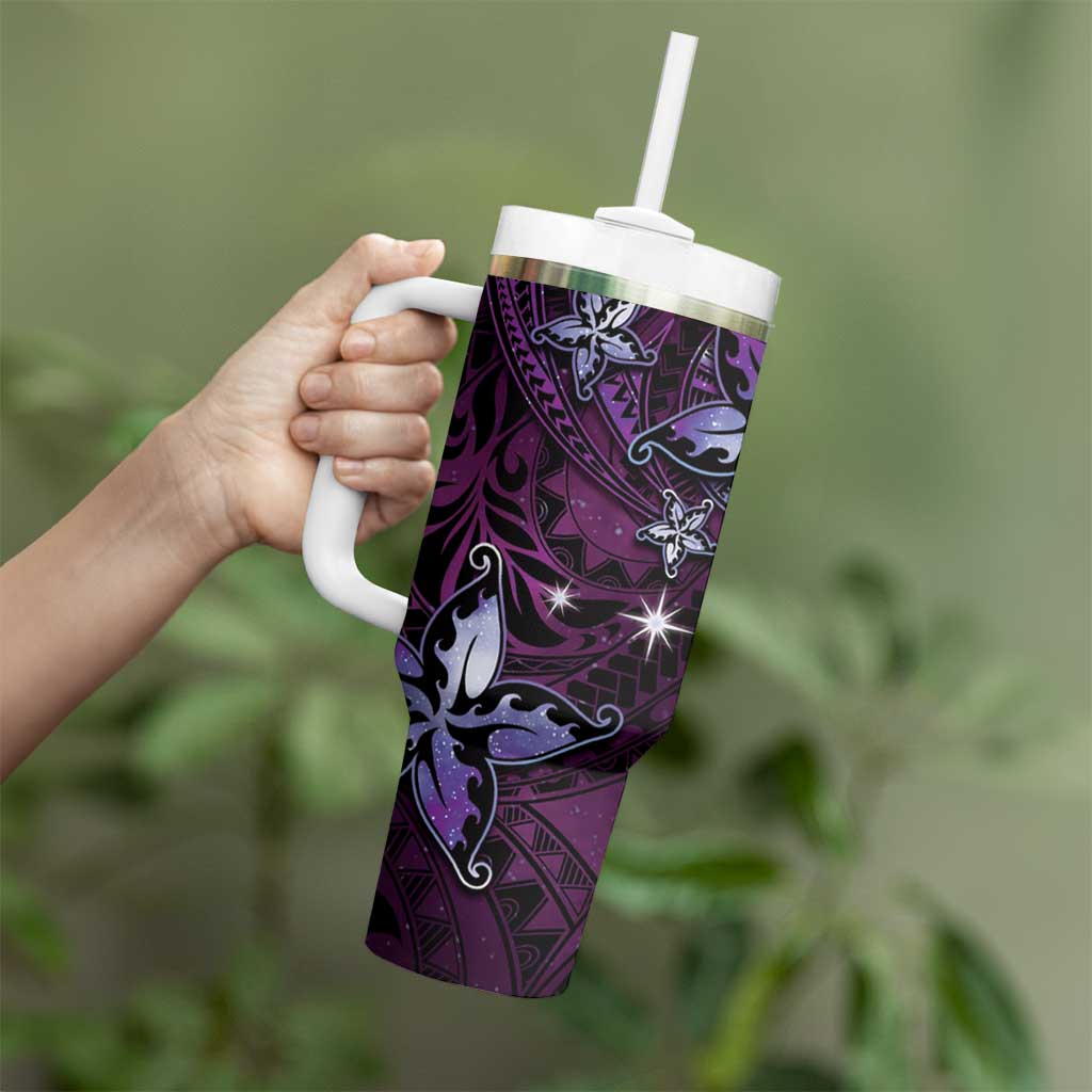 Hawaii Makahiki Season Tumbler With Handle Floral Tribal Tattoo Purple Galaxy