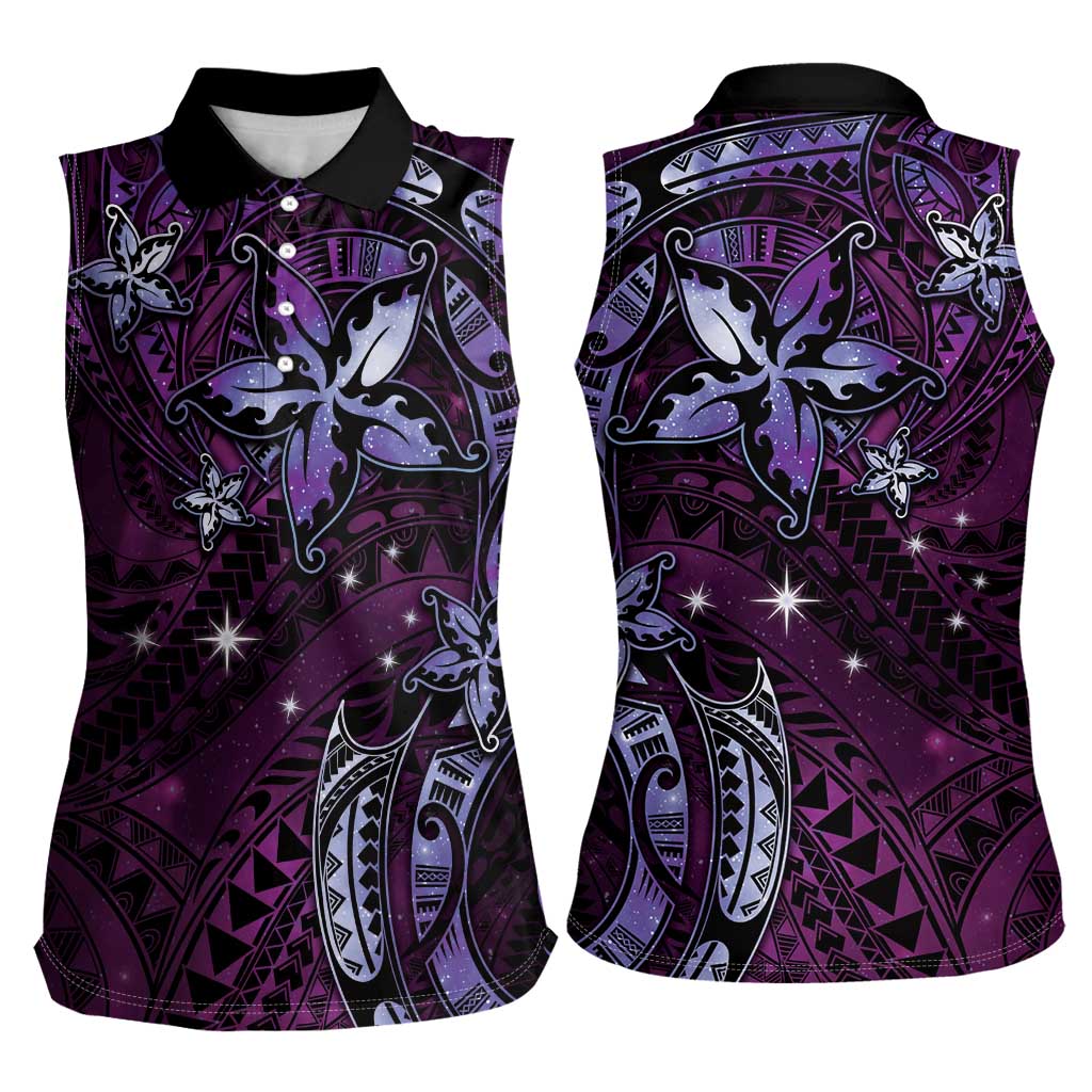 Hawaii Makahiki Season Women Sleeveless Polo Shirt Floral Tribal Tattoo Purple Galaxy