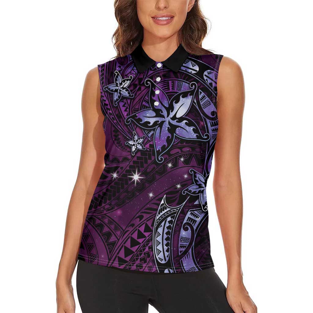 Hawaii Makahiki Season Women Sleeveless Polo Shirt Floral Tribal Tattoo Purple Galaxy