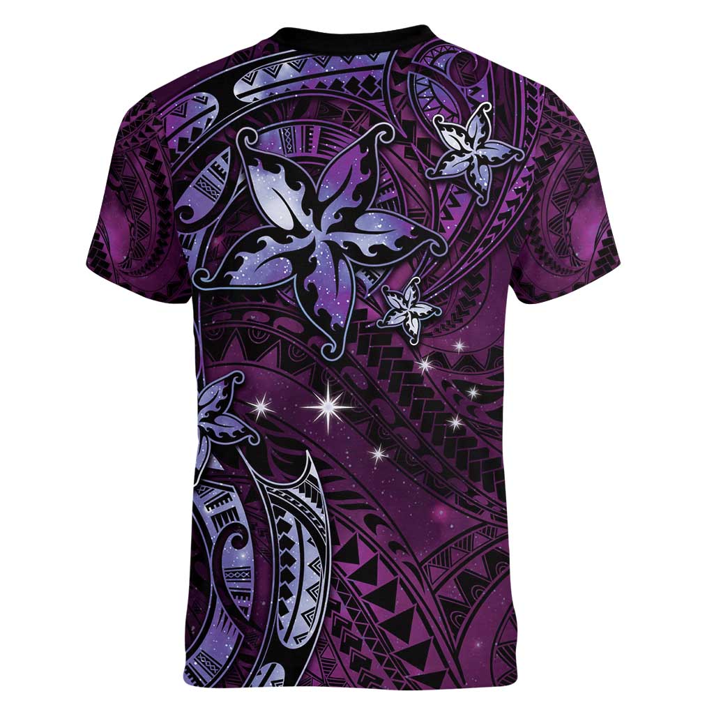 Hawaii Makahiki Season Women V-Neck T-Shirt Floral Tribal Tattoo Purple Galaxy