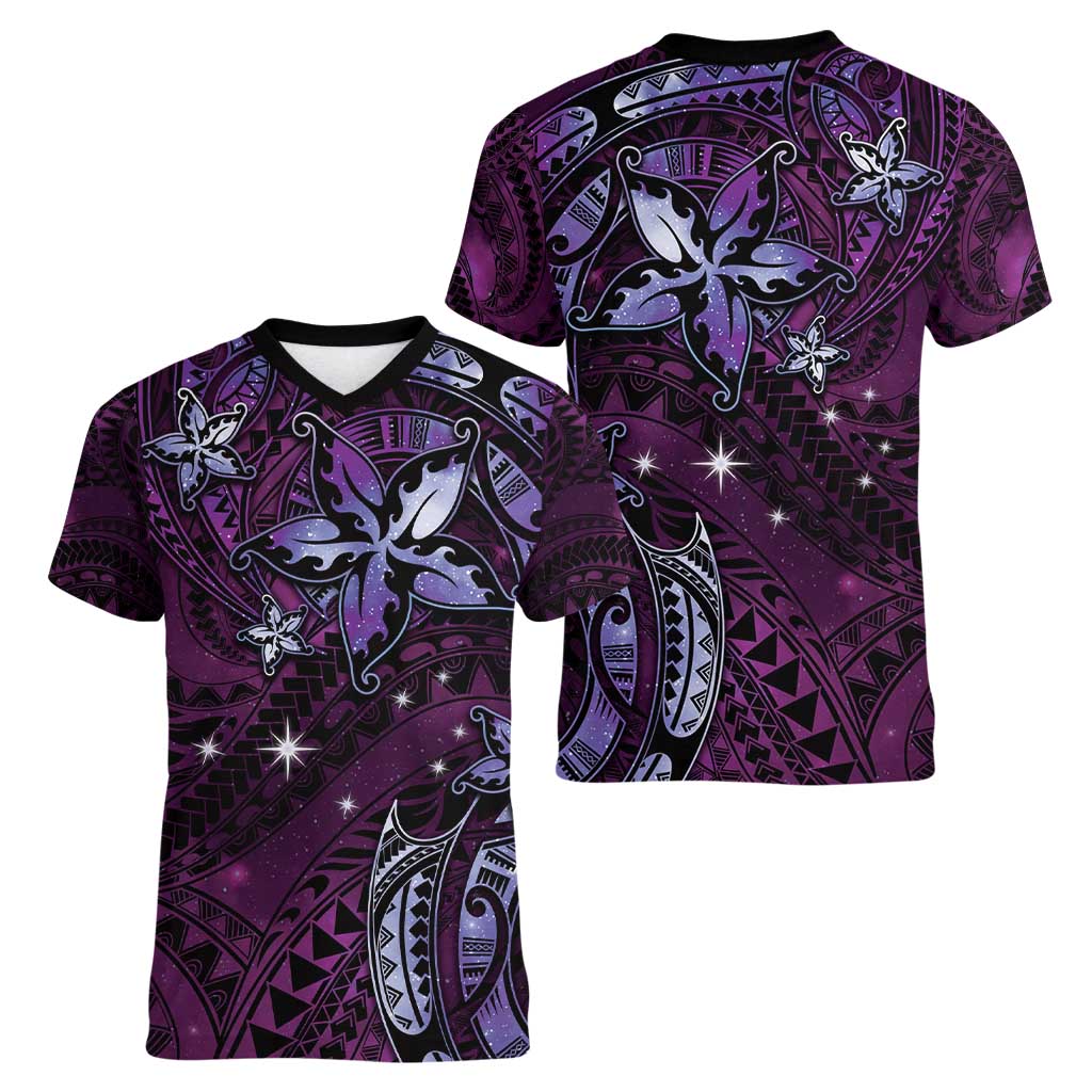 Hawaii Makahiki Season Women V-Neck T-Shirt Floral Tribal Tattoo Purple Galaxy