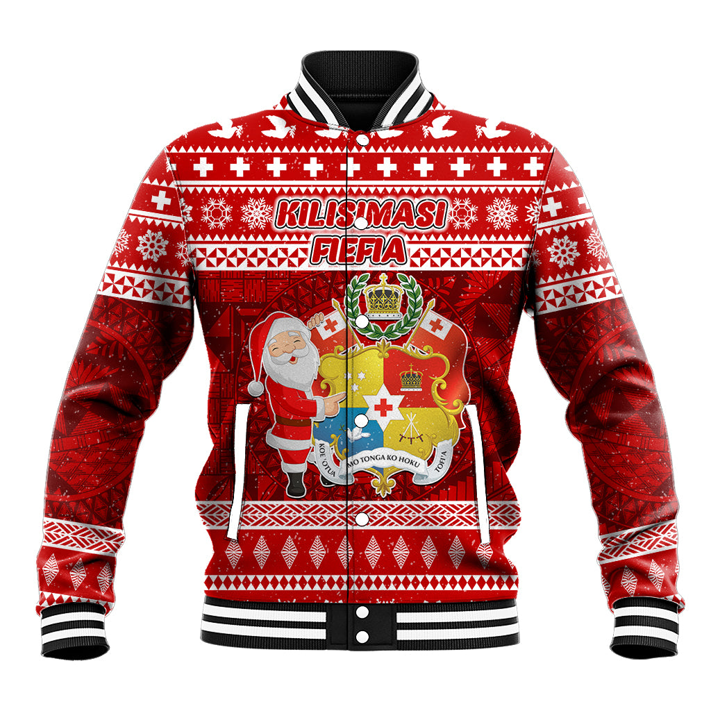 Personalized Tonga Christmas Baseball Jacket Kilisimasi Fiefia Santas Coat Of Arms LT05 Unisex Red - Polynesian Pride