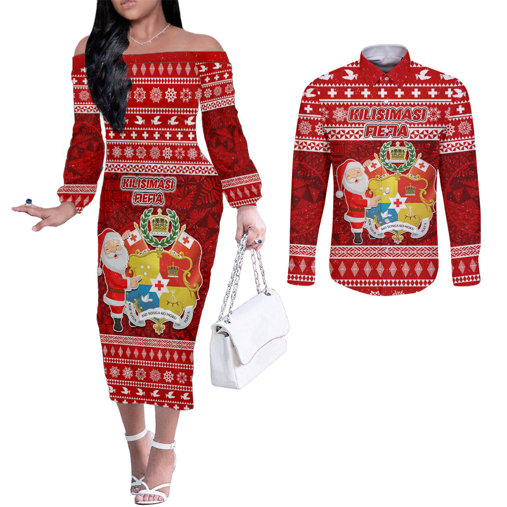 Personalized Tonga Christmas Couples Matching Off The Shoulder Long Sleeve Dress and Long Sleeve Button Shirts Kilisimasi Fiefia Santas Coat Of Arms LT05 Red - Polynesian Pride
