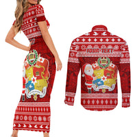 Personalized Tonga Christmas Couples Matching Short Sleeve Bodycon Dress and Long Sleeve Button Shirts Kilisimasi Fiefia Santas Coat Of Arms LT05 - Polynesian Pride