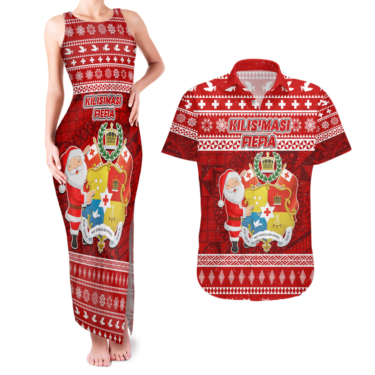 Personalized Tonga Christmas Couples Matching Tank Maxi Dress and Hawaiian Shirt Kilisimasi Fiefia Santas Coat Of Arms LT05 Red - Polynesian Pride