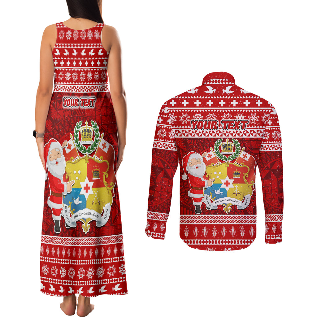 Personalized Tonga Christmas Couples Matching Tank Maxi Dress and Long Sleeve Button Shirts Kilisimasi Fiefia Santas Coat Of Arms LT05 - Polynesian Pride